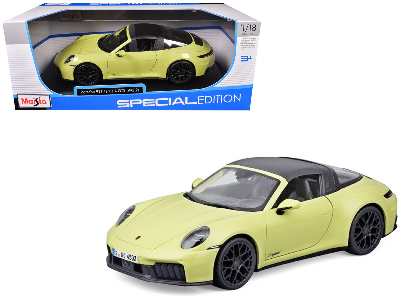 Porsche 911 Targa 4 GTS 992 2 Yellow with Black Top Special Edition Series 1/18 Diecast Model Car Maisto 31470YL