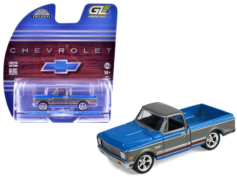 1972 Chevrolet Cheyenne C10 Short Bed Pickup Truck Electric Blue and Gunmetal Gray Metallic Hobby Exclusive Series 1/64 Diecast Model Car Greenlight GL30567