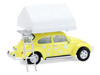 Volkswagen Classic Beetle Yellow with White Flower Graphics and Interior with Camp otel Cartop Sleeper Tent The Great Outdoors Series 4 1/64 Diecast Model Car Greenlight 38080A