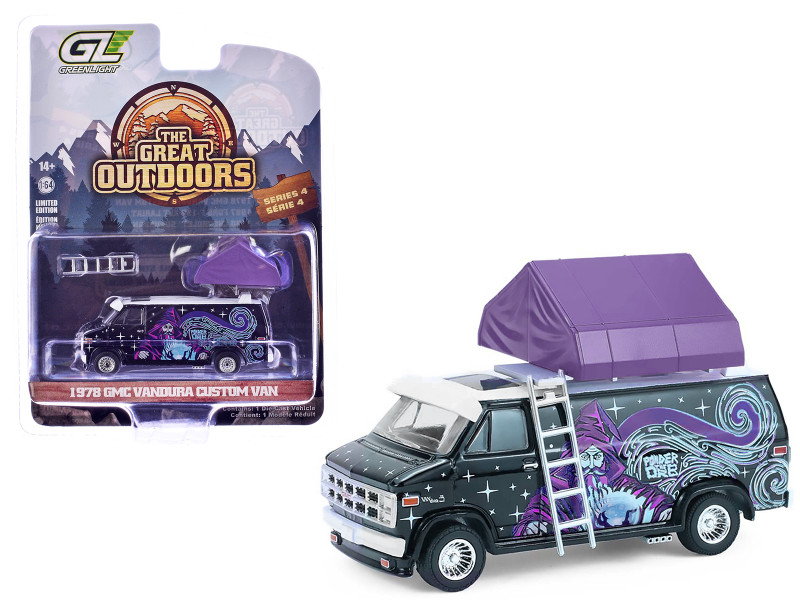 1978 GMC Vandura Custom Van Black with Wizard Graphics and White Top with Camp otel Cartop Sleeper Tent The Great Outdoors Series 4 1/64 Diecast Model Car Greenlight 38080C