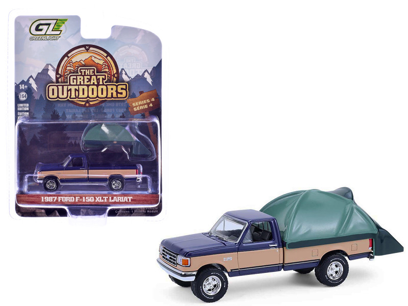 1987 Ford F 150 XLT Lariat Pickup Truck Dark Blue and Tan with Modern Truck Bed Tent The Great Outdoors Series 4 1/64 Diecast Model Car Greenlight 38080D