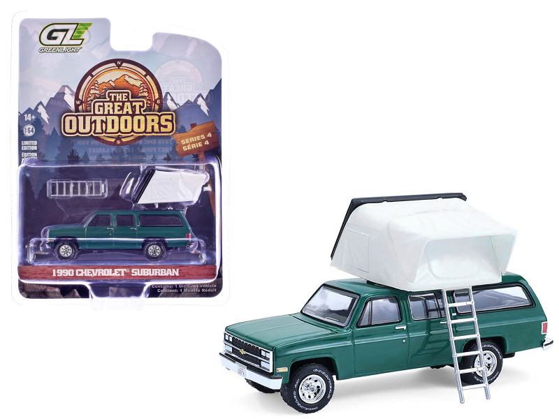 1990 Chevrolet Suburban Green with Modern Rooftop Camper The Great Outdoors Series 4 1/64 Diecast Model Car Greenlight 38080E