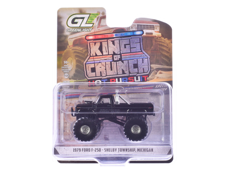 1979 Ford F 250 Monster Truck Shelby Township Police Michigan Black Kings of Crunch Hot Pursuit Special Edition 1/64 Diecast Model Car Greenlight 49170B