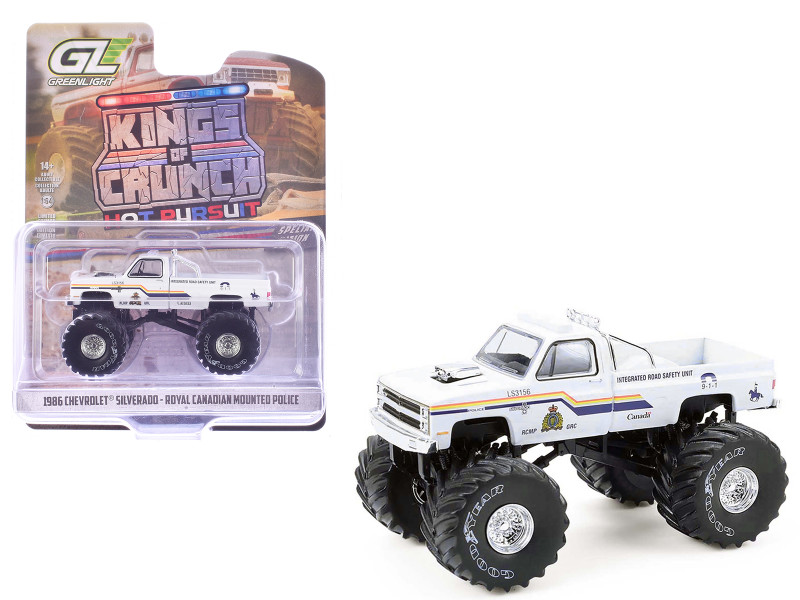 1986 Chevrolet Silverado Monster Truck Royal Canadian Mounted Police White with Stripes Kings of Crunch Hot Pursuit Special Edition 1/64 Diecast Model Car Greenlight 49170D