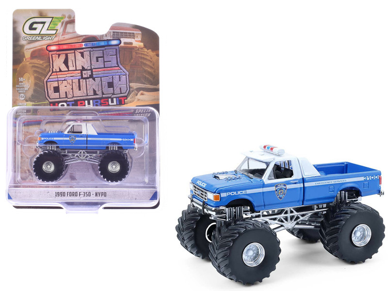 1990 Ford F 350 Monster Truck NYPD New York Police Department Blue with White Top Kings of Crunch Hot Pursuit Special Edition 1/64 Diecast Model Car Greenlight 49170E