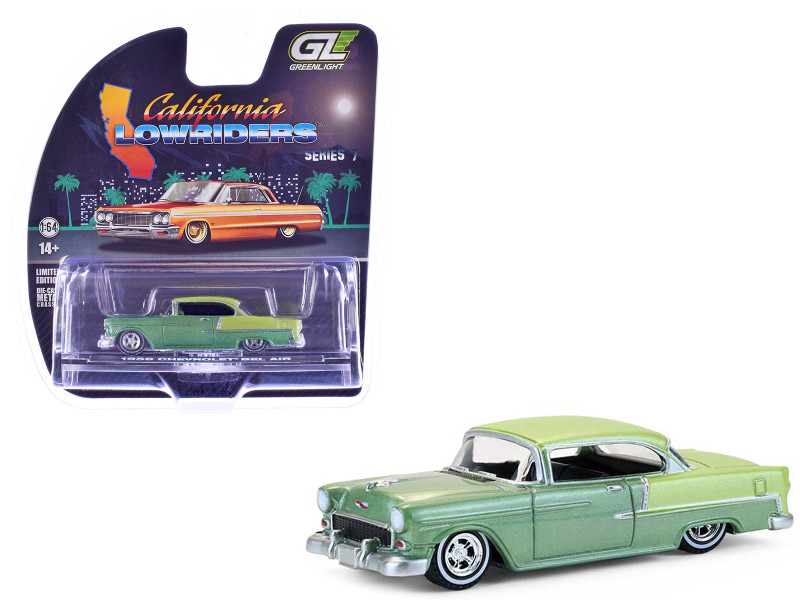 1956 Chevrolet Bel Air Lowrider Laurel Green Metallic and Crocus Yellow Two Tone with Green Interior California Lowriders Series 7 1/64 Diecast Model Car Greenlight 63080A