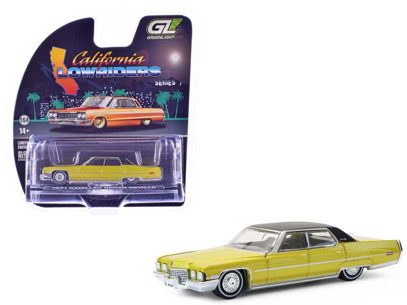 1971 Cadillac Sedan Deville Lowrider Gold Metallic with Black Top California Lowriders Series 7 1/64 Diecast Model Car Greenlight 63080C