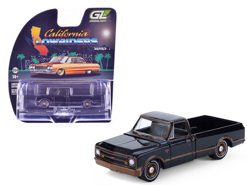 1972 Chevrolet C10 Pickup Truck Lowrider Black with Bronze Stripes California Lowriders Series 7 1/64 Diecast Model Car Greenlight 63080D