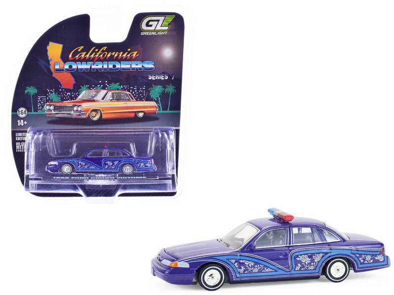 1992 Ford Crown Victoria Lowrider Blue with Graphics and Lightbar California Lowriders Series 7 1/64 Diecast Model Car Greenlight 63080F