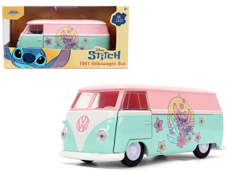 1961 Volkswagen Bus Pink and Blue with Graphics Disney s Stitch Hollywood Rides Series 1/32 Diecast Model Car Jada 36358