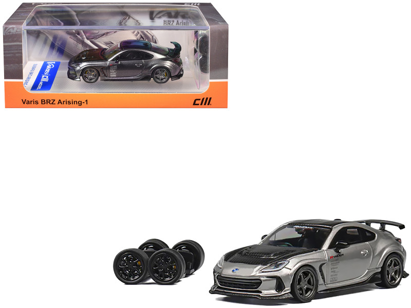 Subaru BRZ Varis Arising 1 RHD Right Hand Drive Gray Metallic with Carbon Hood and Top and Extra Wheels 1/64 Diecast Model Car CM Model CM64-BRZ-10