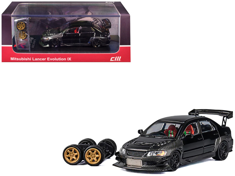 Mitsubishi Lancer Evolution IX RHD Right Hand Drive Black and Carbon with Extra Wheels 1/64 Diecast Model Car CM Model CM64-EVOIX-18