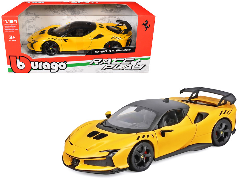Ferrari SF90 XX Stradale Yellow with Black Top Race and Play Series 1/24 Diecast Model Car Bburago 26032YL