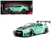 Nissan GT R R35 Liberty Walk Body Kit 2 0 RHD Right Hand Drive Light Blue with Black Hood and White Stripes Pink Slips Series 1/18 Diecast Model Car Jada 36382