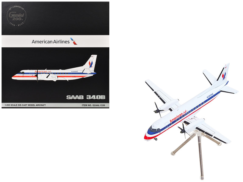 Saab 340B Commercial Aircraft "American Eagle N389AE White with Red and Blue Stripes Gemini 200 Series 1/400 Diecast Model Airplane GeminiJets G2AAL1339