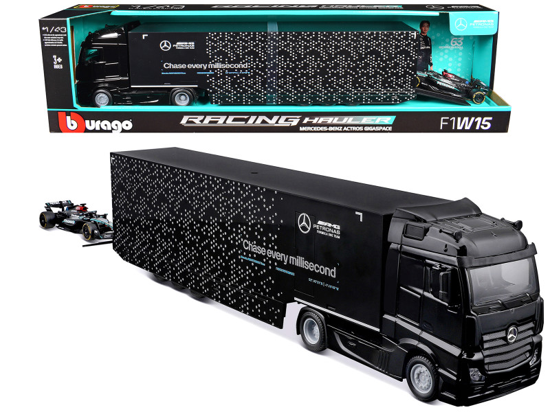 Mercedes Benz Actros Gigaspace Car Transporter Black and Mercedes AMG F1 W15 E Performance #63 George Russell Petronas Formula One F1 World Championship 2024 Racing Hauler Series 1/43 Diecast Model Car Bburago 38402GR