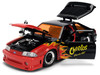 1989 Ford Mustang GT Black with Red Flame Graphics and Chester Cheetah Diecast Figure Cheetos Flamin Hot Hollywood Rides Series 1/24 Diecast Model Car Jada JA36255