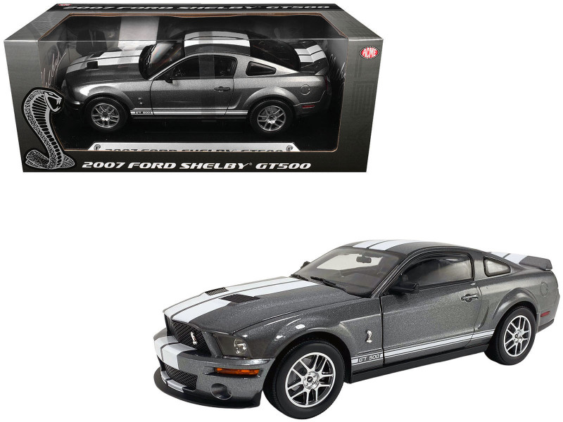 2007 Ford Shelby GT500 Alloy Gray Metallic with White Stripes Shelby Collectibles Series 1/18 Diecast Model Car ACME SC18007