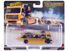 Fleet Street Flatbed Truck Yellow with Graphics and 2020 Toyota GR Supra #15 Yellow with Black Graphics Papadakis Racing Team Transport Car Culture Series Diecast Model Cars Hot Wheels JHX87