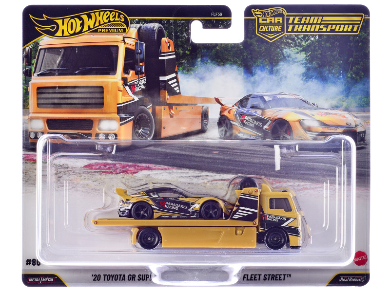 Fleet Street Flatbed Truck Yellow with Graphics and 2020 Toyota GR Supra #15 Yellow with Black Graphics Papadakis Racing Team Transport Car Culture Series Diecast Model Cars Hot Wheels JHX87