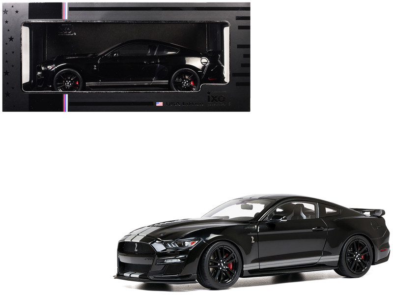 2022 Ford Mustang Shelby GT500 Black with Silver Stripes 1/18 Diecast Model Car IXO Models U18RDC002-FO