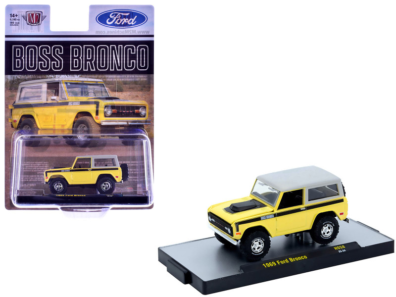 1969 Ford Bronco Yellow with Black Stripes and Gray Top Limited Edition to 6380 pieces Worldwide 1/64 Diecast Model Car M2 Machines 31500-HS58