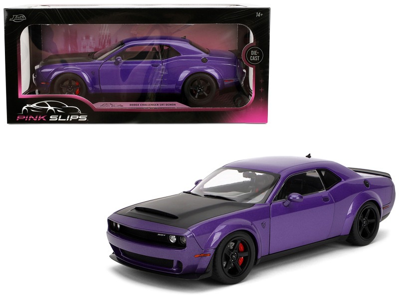 Dodge Challenger SRT Demon Purple Metallic with Matt Black Hood Pink Slips Series 1/18 Diecast Model Car Jada 36473