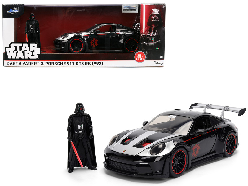 Porsche 911 GT3 RS 992 Black with Silver Hood and Graphics and Darth Vader Figure Star Wars Franchise Hollywood Rides Series 1/24 Diecast Model Car Jada 36477