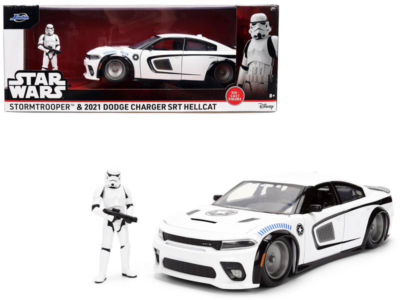 2021 Dodge Charger SRT Hellcat White with Graphics and Stormtrooper Figure Star Wars Franchise Hollywood Rides Series 1/24 Diecast Model Car Jada 36478