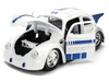 1959 Volkswagen Drag Beetle White with Graphics and R2 D2 Figure Star Wars Franchise Hollywood Rides Series 1/24 Diecast Model Car Jada 36912