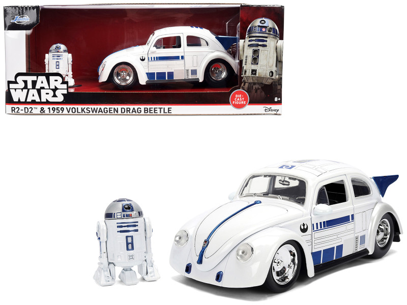1959 Volkswagen Drag Beetle White with Graphics and R2 D2 Figure Star Wars Franchise Hollywood Rides Series 1/24 Diecast Model Car Jada 36912