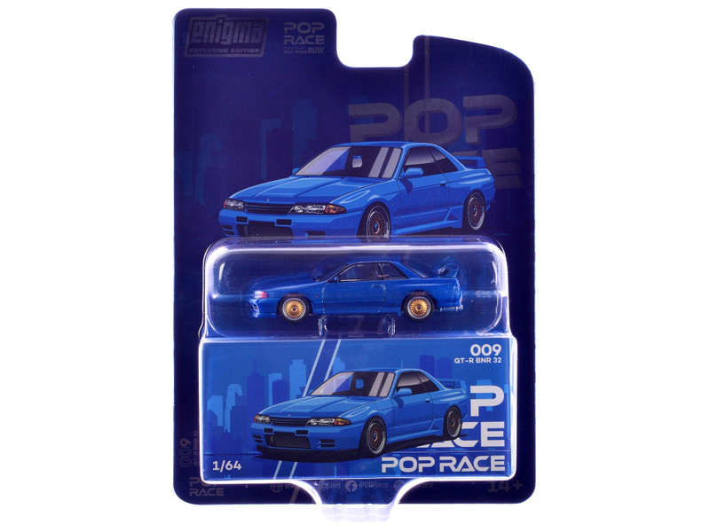 Skyline GT R BNR32 RHD Right Hand Drive Blue Metallic Enigma Exclusive Edition 1/64 Diecast Model Car Pop Race PR64-PRE009