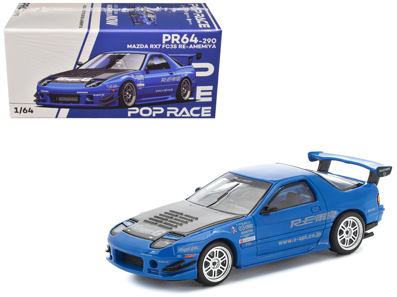 Mazda RX7 FC3S RE Amemiya RHD Right Hand Drive Blue Metallic with Carbon Hood 1/64 Diecast Model Car Pop Race PR640290