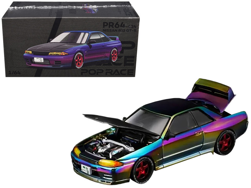 Nissan Skyline GT R R32 RHD Right Hand Drive Chameleon Chrome with Carbon Hood Vancouver Edition 1/64 Diecast Model Car Pop Race PR640424
