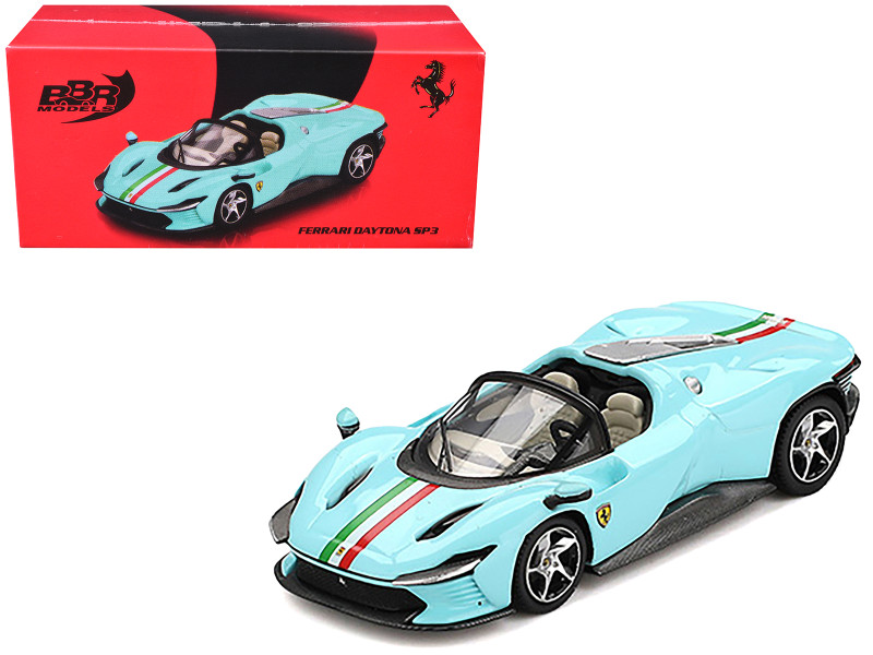 Ferrari Daytona SP3 Light Blue with Italian Flag Stripes 1/64 Diecast Model Car BBR BBRFER64020