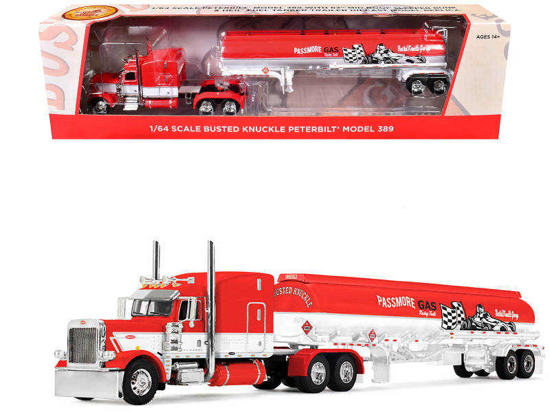 Peterbilt 389 with 63 Mid Roof Sleeper and Heil Fuel Tank Trailer Busted Knuckle Garage Red and White 1/64 Diecast Model DCP/First Gear 60-2146