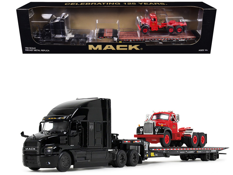Mack Anthem Sleeper and Landoll 440B 50CA Traveling Axle Trailer Black with Mack B 61 Day Cab Load Red Mack Anniversary 1/64 Diecast Model DCP/First Gear 60-2151