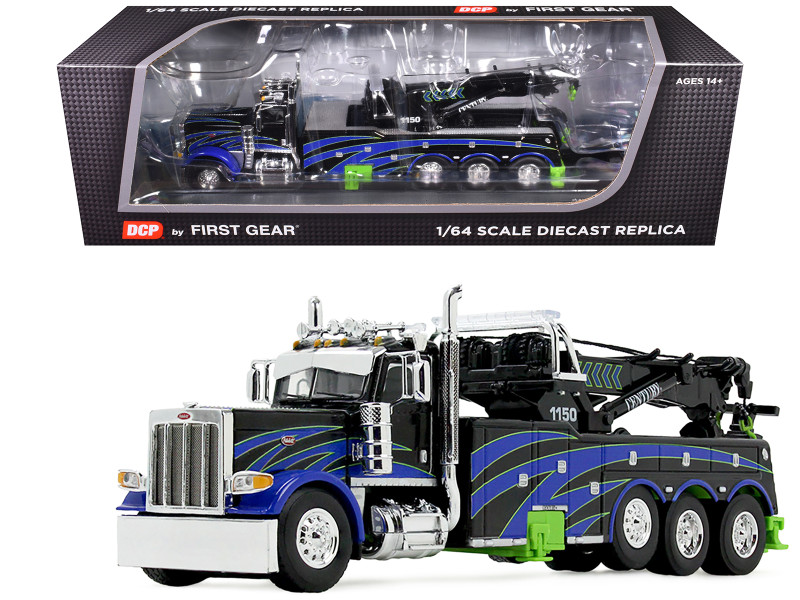 Peterbilt 389 Day Cab with Miller Century 1150 Rotator Wrecker Tow Truck Black with Blue and Green Graphics 1/64 Diecast Model DCP/First Gear 60-2248