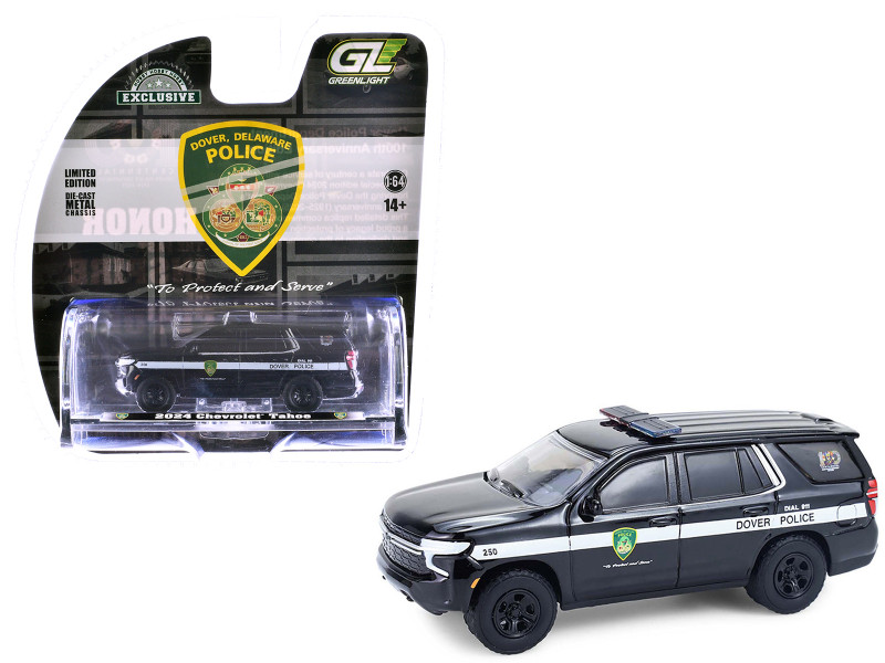 2024 Chevrolet Tahoe Police Pursuit Vehicle Dover Police 100th Anniversary Edition Black with White Stripes Hobby Exclusive Series 1/64 Diecast Model Car Greenlight GL30549