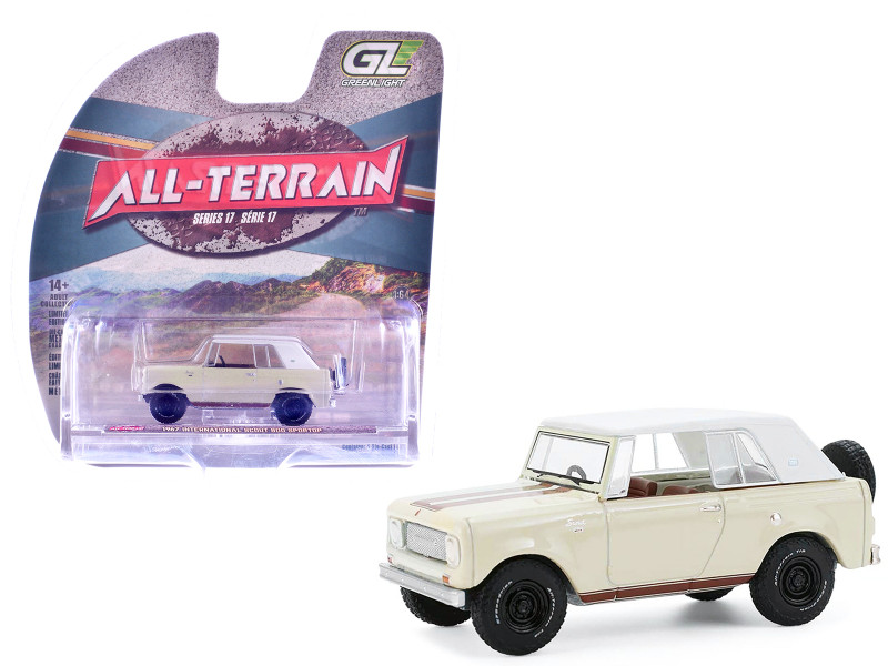 1967 International Scout 800 Sportop Cream with Brown Stripes and White Top All Terrain Series 17 1/64 Diecast Model Car Greenlight 35310B