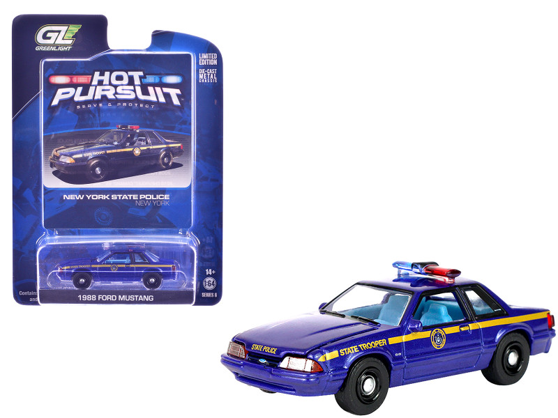 1988 Ford Mustang New York State Police Blue with Yellow Stripes and Blue Interior Hot Pursuit Series 8 1/64 Diecast Model Car Greenlight 42650A