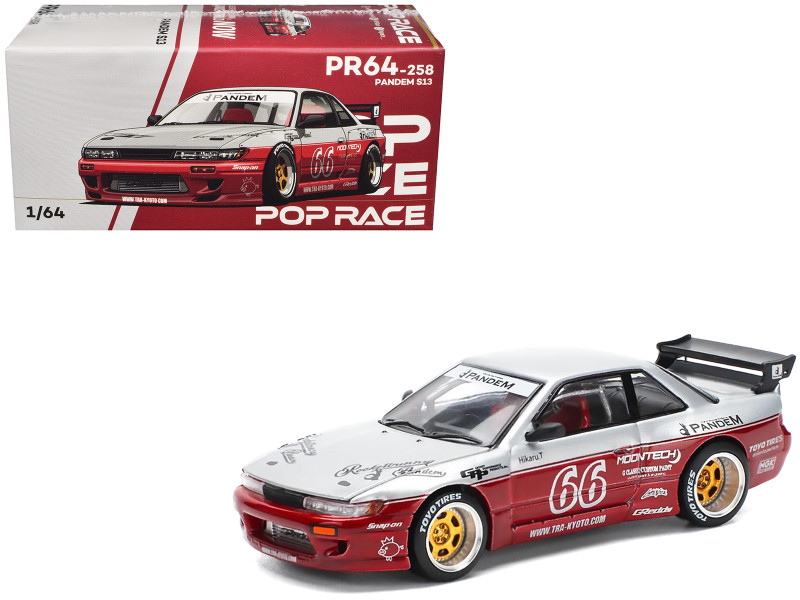Nissan Pandem S13 RHD Right Hand Drive #66 Moontech Silver and Red Metallic 1/64 Diecast Model Car Pop Race PR640258