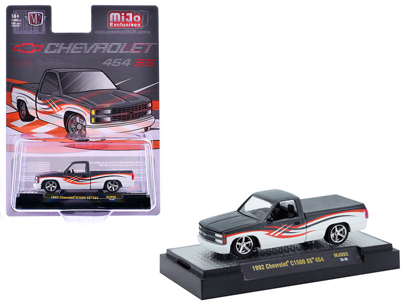1992 Chevrolet C1500 SS 454 Pickup Truck Gray and White with Graphics Limited Edition to 9680 pieces Worldwide 1/64 Diecast Model Car M2 Machines 31500-MJS92