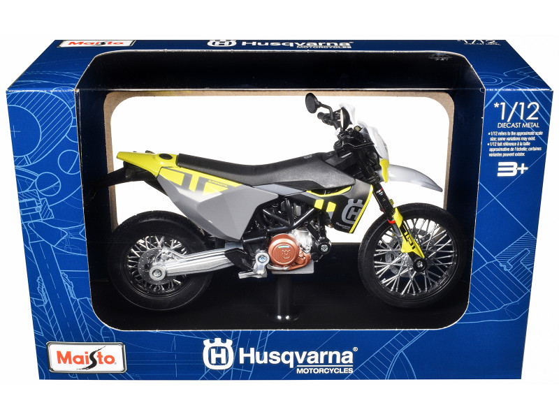 2023 Husqvarna 701 Supermoto Motorcycle Matt Black and Gray with Yellow and White Accents with Display Base 1/12 Diecast Model Maisto 32726BL