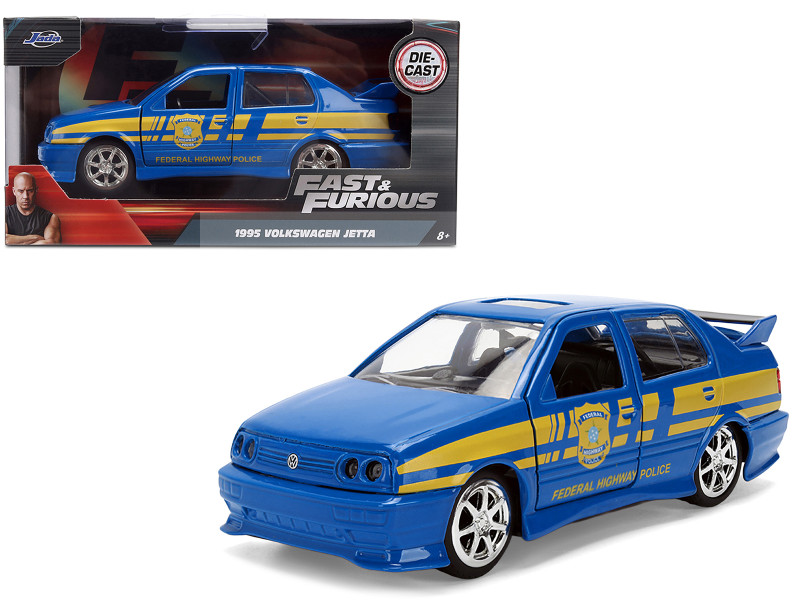Volkswagen Jetta Police Vehicle Rio Federal Highway Police Blue with Yellow Stripes Fast Five 2011 Movie Fast & Furious Series 1/32 Diecast Model Car Jada 36363