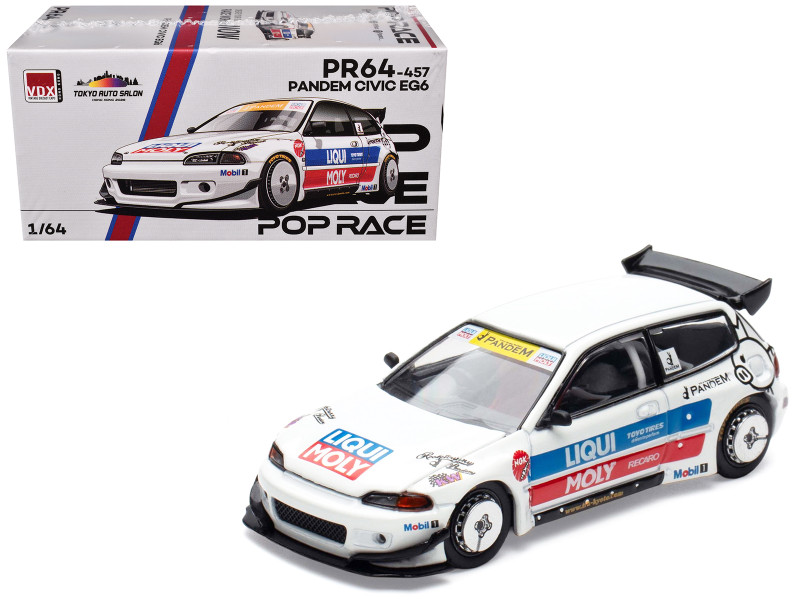 Pandem Civic EG6 RHD Right Hand Drive White with Stripes and Graphics VDX Tokyo Auto Salon Hong Kong 2025 Special Edition 1/64 Diecast Model Car Pop Race PR640457