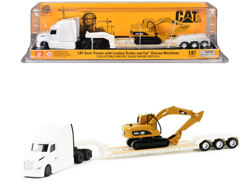 Peterbilt 579 Tractor White with Lowboy Trailer and CAT 315C Excavator Yellow 1/87 (HO) Diecast Model Diecast Masters 84423