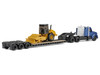 Kenworth T880 Tractor Blue Metallic with Lowboy Trailer and CAT Padfoot Roller Yellow 1/87 (HO) Diecast Model Diecast Masters 84424
