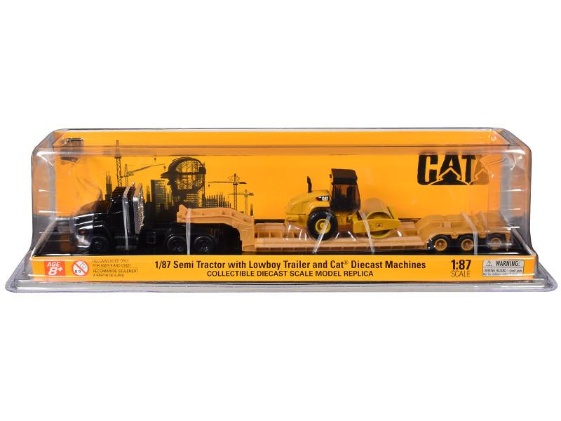Kenworth T880 Tractor Black with Lowboy Trailer and CAT Roller Yellow 1/87 (HO) Diecast Model Diecast Masters 84425