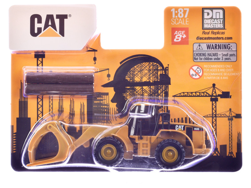 CAT Caterpillar 950G Wheel Loader Yellow with Log Fork and Wood Log Accessories 1/87 HO Diecast Model Diecast Masters 84661CS
